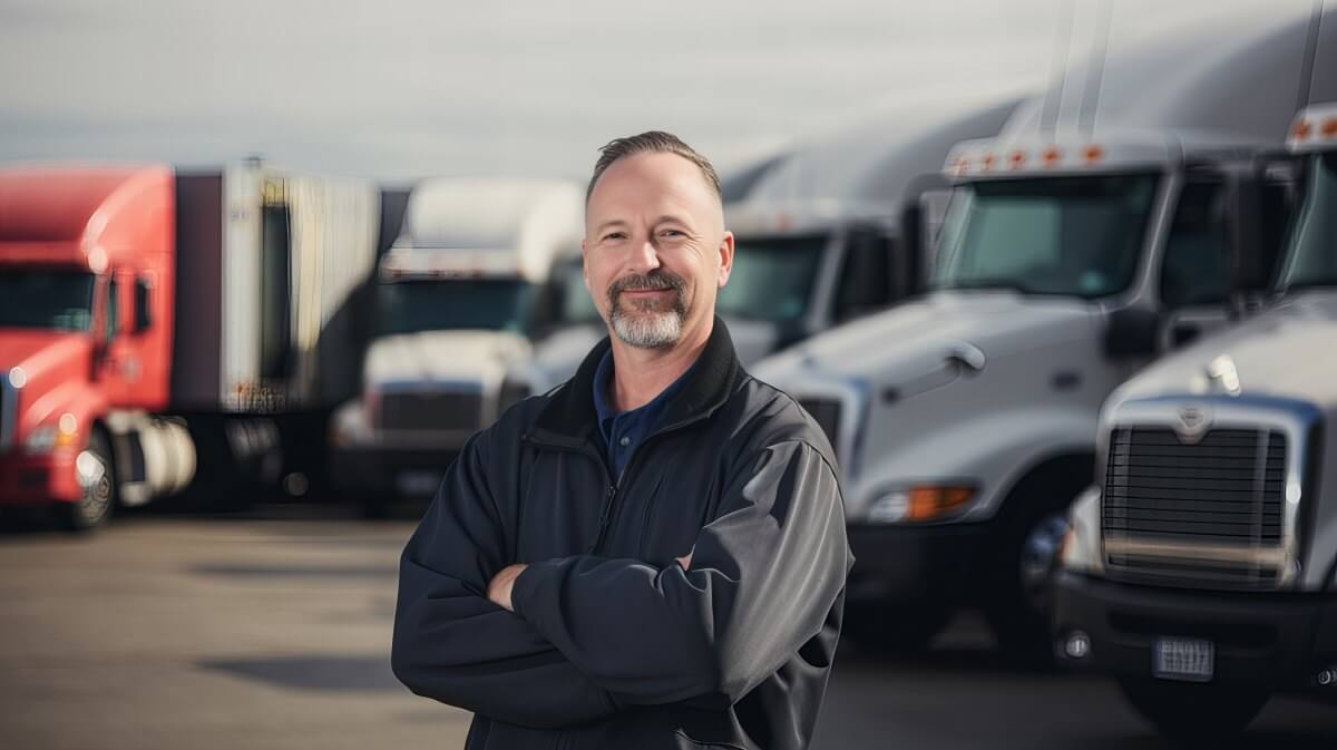 A man with short hair and a beard, wearing a dark jacket, stands smiling with arms crossed in front of several parked semi-trucks of various colors, including red and white, in an industrial lot. The sky is overcast.