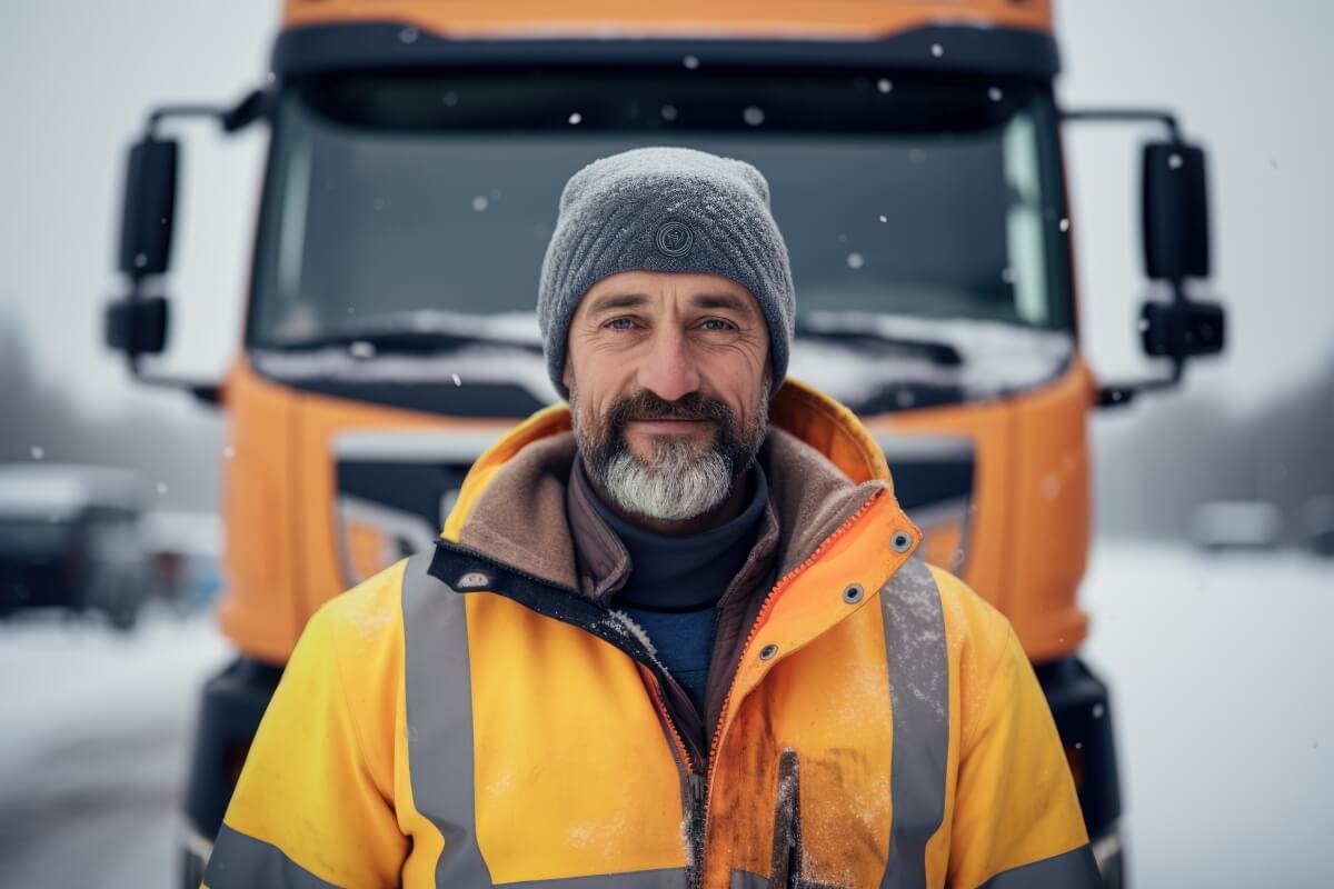 A man in a yellow high-visibility jacket and grey beanie stands in front of an orange truck on a snowy day. Snowflakes are falling around him, and the background is blurred.